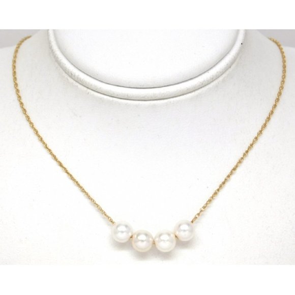 Solid 14K Yellow Gold Four Natural Round White Pearls Necklace 16"-19" - Picture 2 of 11